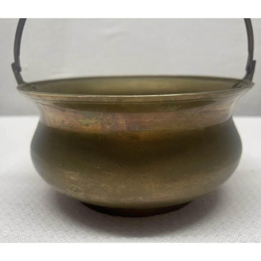 Vintage Solid Brass Cauldron Planter Pot Handle Mid-Century Modern Decor India